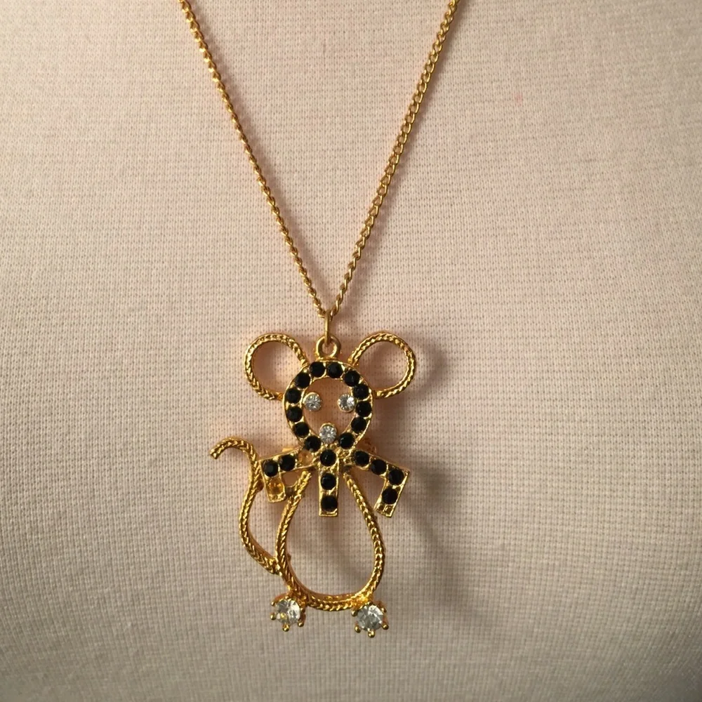 Gold Vintage Mouse Bling Stone Necklace